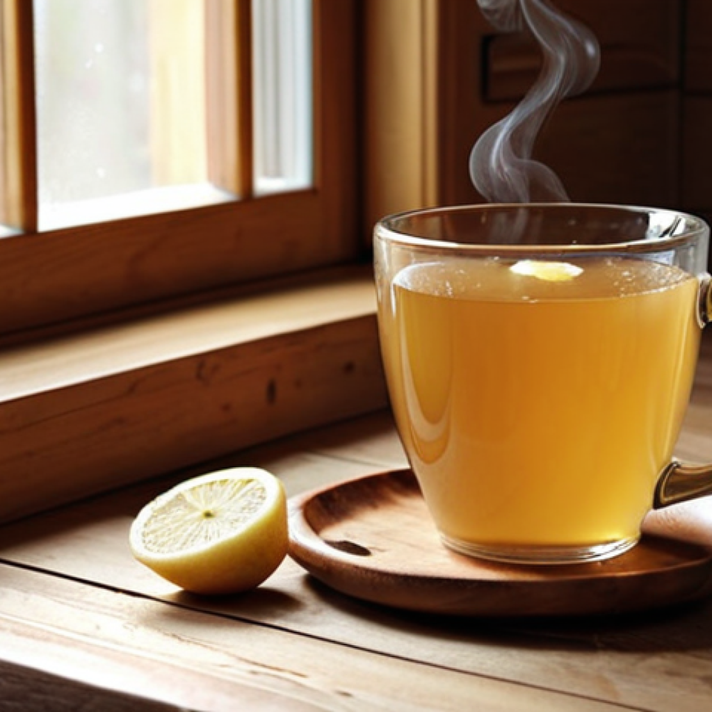 **

Prompt: "Cozy kitchen scene. A steaming mug of ginger tea on a wooden table. Fresh ginger root, honey, and lemon slices nearby. Soft, natural light."

**