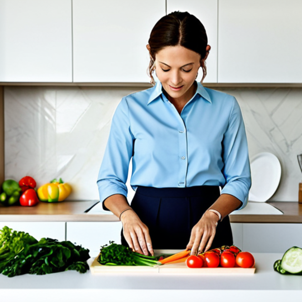 **

"A professional woman, fully clothed in a modest yet stylish outfit suitable for an office setting, is preparing a healthy meal in a bright, modern kitchen. The focus is on fresh vegetables and ingredients known to be beneficial for thyroid health (e.g., seaweed, colorful vegetables). Natural light, safe for work, appropriate content, professional photography, perfect anatomy, correct proportions, natural pose, well-formed hands, proper finger count, family-friendly."

**