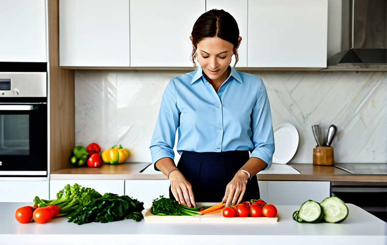 **

"A professional woman, fully clothed in a modest yet stylish outfit suitable for an office setting, is preparing a healthy meal in a bright, modern kitchen. The focus is on fresh vegetables and ingredients known to be beneficial for thyroid health (e.g., seaweed, colorful vegetables). Natural light, safe for work, appropriate content, professional photography, perfect anatomy, correct proportions, natural pose, well-formed hands, proper finger count, family-friendly."

**