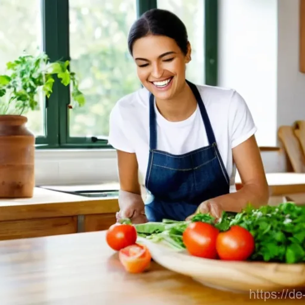 고혈압 환자를 위한 식단 - **Prompt:** A vibrant, well-lit modern kitchen. A cheerful German woman in her late 30s, dressed in ...