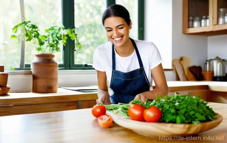 고혈압 환자를 위한 식단 - **Prompt:** A vibrant, well-lit modern kitchen. A cheerful German woman in her late 30s, dressed in ...