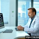 내과 검진 주기 - A middle-aged German man in his mid-40s sitting in a bright, modern medical examination room, wearin...