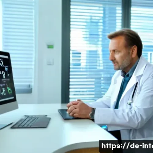 내과 검진 주기 - A middle-aged German man in his mid-40s sitting in a bright, modern medical examination room, wearin...