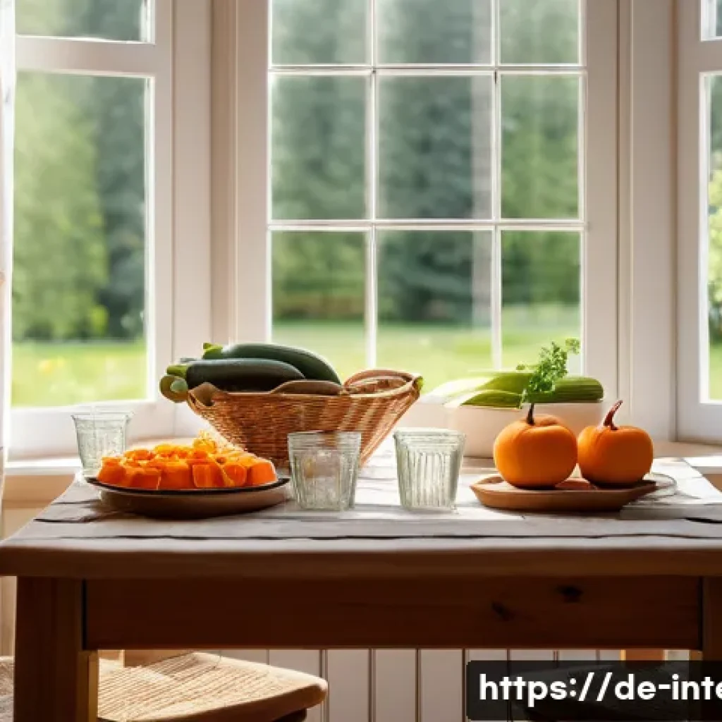 위염 치료 식단 - A cozy German kitchen scene showcasing a neatly arranged wooden dining table set for five small meal...