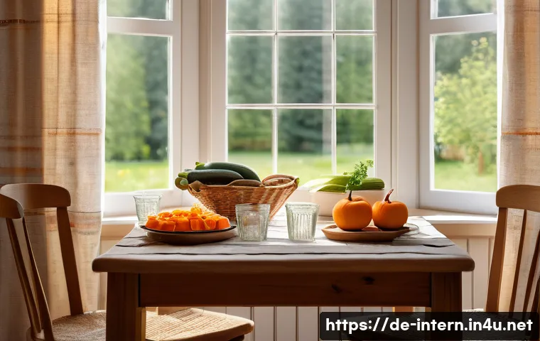 위염 치료 식단 - A cozy German kitchen scene showcasing a neatly arranged wooden dining table set for five small meal...