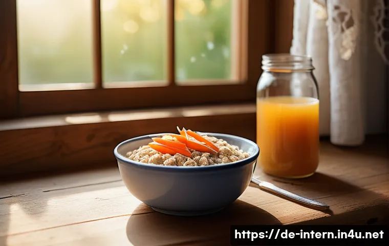 위장 건강 유지 방법 - A cozy German kitchen scene featuring a wooden table set with a healthy breakfast spread: a bowl of ...