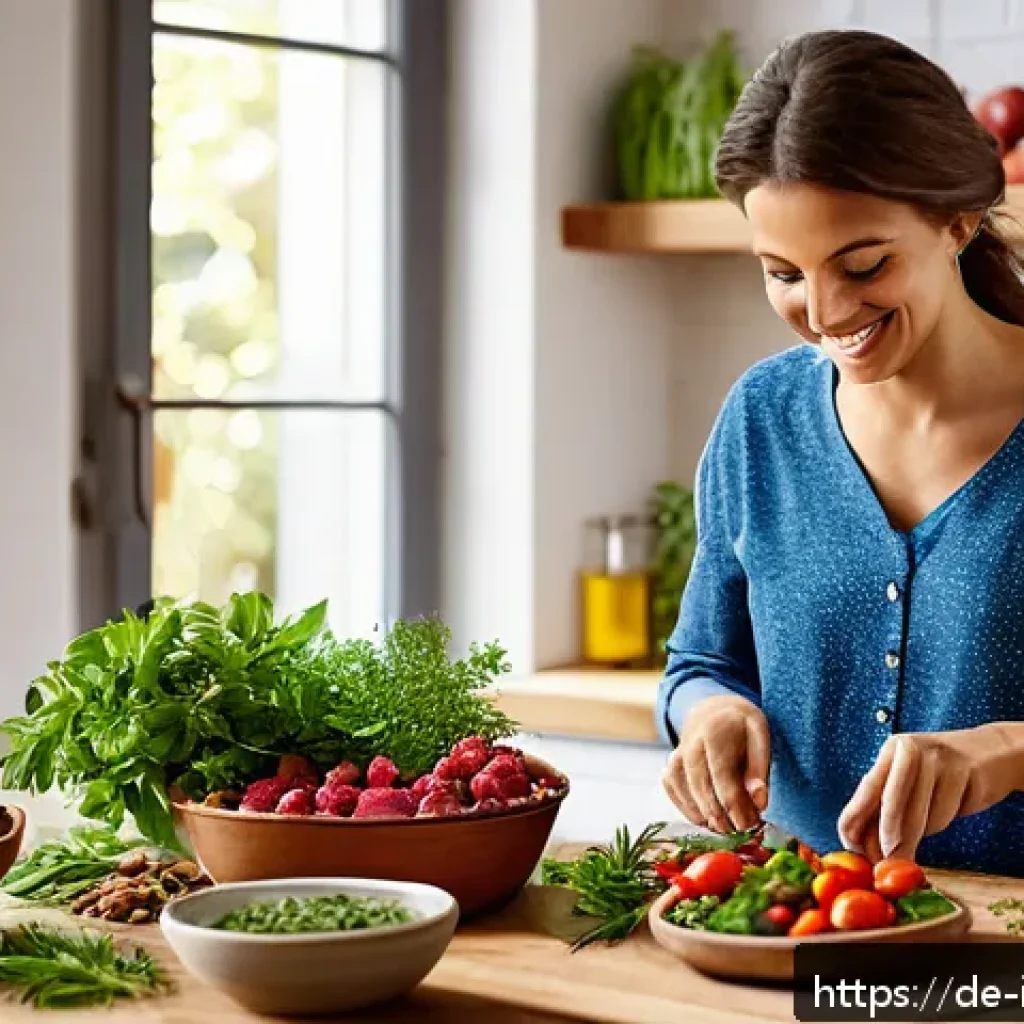 고혈압 관리 사례 - A vibrant Mediterranean kitchen scene featuring a person preparing a colorful, heart-healthy meal ri...