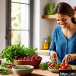 고혈압 관리 사례 - A vibrant Mediterranean kitchen scene featuring a person preparing a colorful, heart-healthy meal ri...