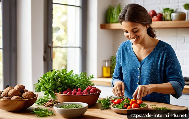 고혈압 관리 사례 - A vibrant Mediterranean kitchen scene featuring a person preparing a colorful, heart-healthy meal ri...