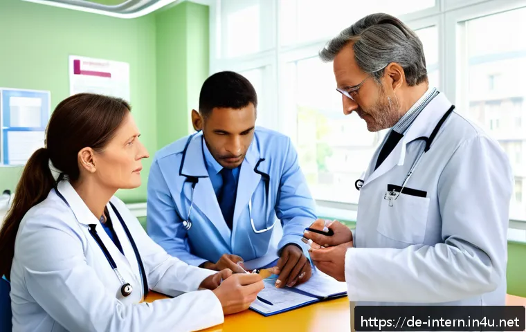 내과 약물 치료 장단점 - A modern clinical setting in Germany, showing a diverse group of healthcare professionals including ...