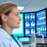 소화불량 진단 검사법 - A modern medical laboratory scene in Germany showing a female doctor in her 40s analyzing blood test...