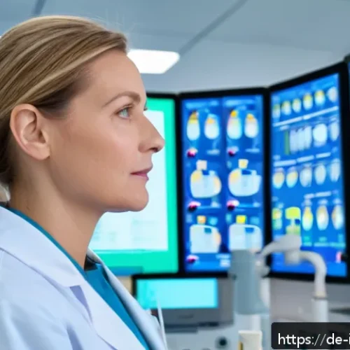 소화불량 진단 검사법 - A modern medical laboratory scene in Germany showing a female doctor in her 40s analyzing blood test...