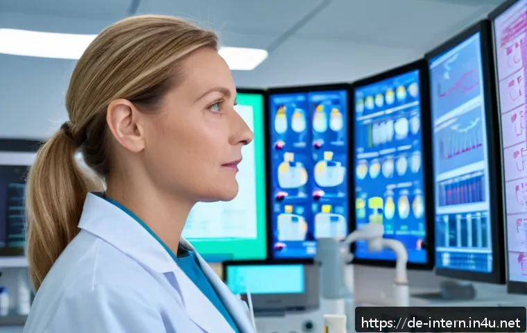 소화불량 진단 검사법 - A modern medical laboratory scene in Germany showing a female doctor in her 40s analyzing blood test...