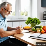 당뇨병 합병증 관리법 - A middle-aged German man planning his meals at a kitchen table with a notebook and pen, surrounded b...