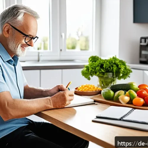당뇨병 합병증 관리법 - A middle-aged German man planning his meals at a kitchen table with a notebook and pen, surrounded b...