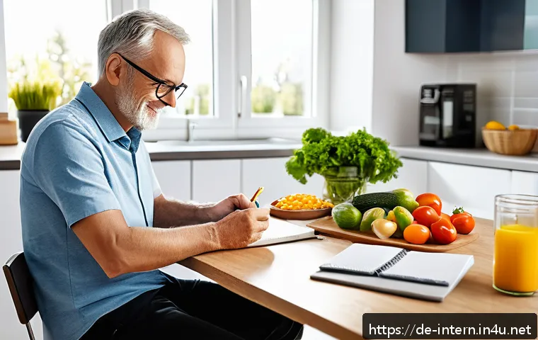 당뇨병 합병증 관리법 - A middle-aged German man planning his meals at a kitchen table with a notebook and pen, surrounded b...
