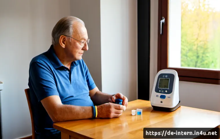 고혈압 약물 치료 주의사항 - Photorealistic German home kitchen scene, a thoughtful older German man in casual clothing seated at...