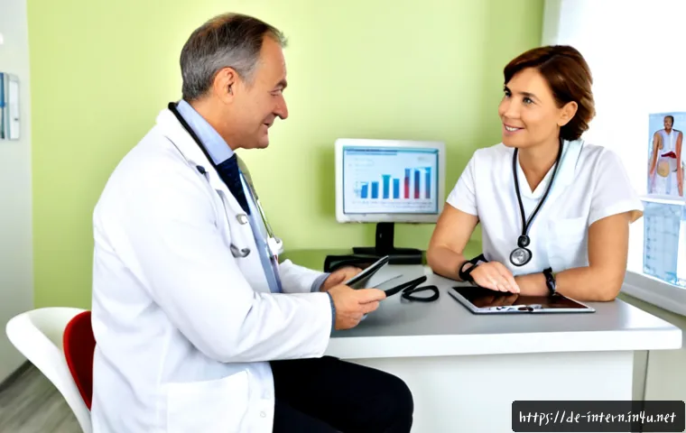 내과 건강 검진 후기 - Photorealistic German internal medicine health checkup consultation, friendly middle-aged patient in...