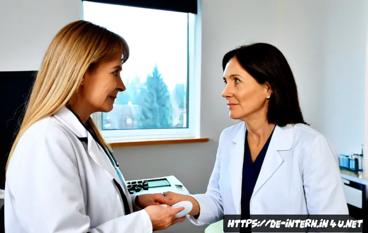갑상선 결절 수술 필요성 - Photorealistic consultation in a modern German endocrinology clinic, compassionate middle-aged femal...